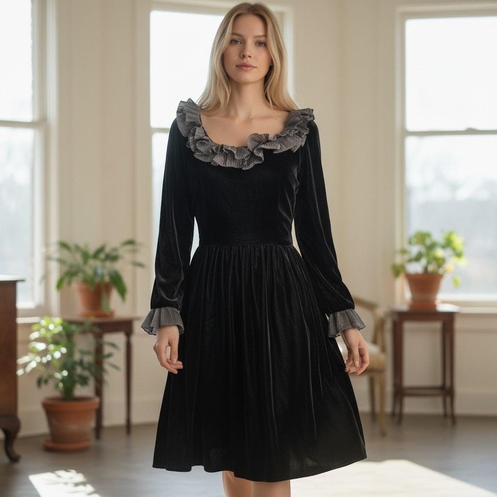 Vintage Victor Costa Black Velvet Ruffle Gothic Vampire Whimsigoth Midi Dress